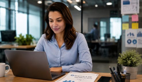 Profissional de RH em um ambiente corporativo moderno, analisando uma política de benefícios no notebook, com documentos organizados e elementos que remetam à gestão de pessoas. Fotografia realista, natural e editorial, sem aparência de banco de imagens ou publicidade.