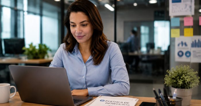Profissional de RH em um ambiente corporativo moderno, analisando uma política de benefícios no notebook, com documentos organizados e elementos que remetam à gestão de pessoas. Fotografia realista, natural e editorial, sem aparência de banco de imagens ou publicidade.