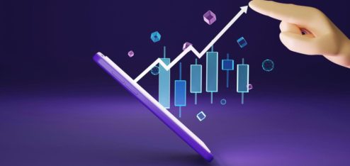 A imagem apresenta uma ilustração 3D com temática de crescimento financeiro e análise de dados.