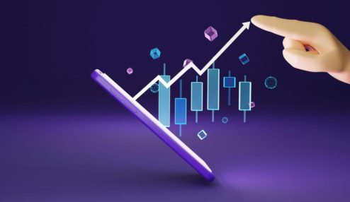 A imagem apresenta uma ilustração 3D com temática de crescimento financeiro e análise de dados.