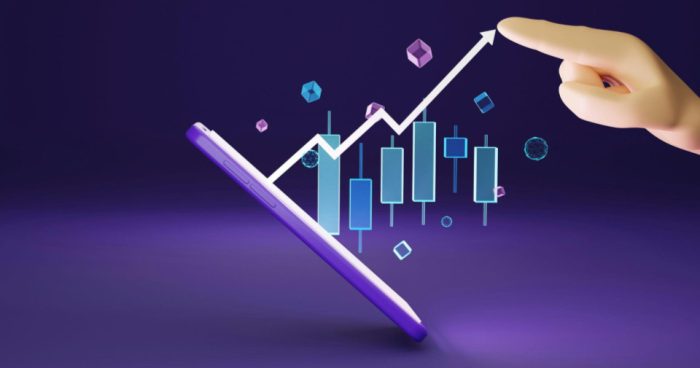 A imagem apresenta uma ilustração 3D com temática de crescimento financeiro e análise de dados.