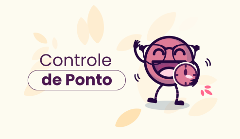Mascote da Eva segurando relógio analógico e acenando para a câmera. No título 'controle de ponto'.