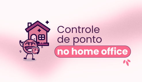 Fundo branco com faixa rosa no meio. No canto centro esquerdo, há o mascote da Eva segurando um relógio e, atrás dele, uma casa. No título "controle de ponto no home office".
