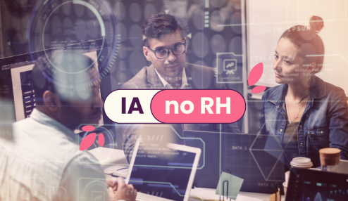 Pessoas discutindo numa sala de reuniões. No título, IA no RH ou Inteligência Artificial nos Recursos Humanos.