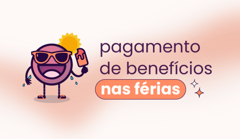 Mascote da Eva com um picolé na mão, de óculos escuros e um sol atrás dele. No título 'pagamento de benefícios das férias' e abordando se benefícios como vale-alimentação, vale-refeição e vale-transporte são pagos nas férias.