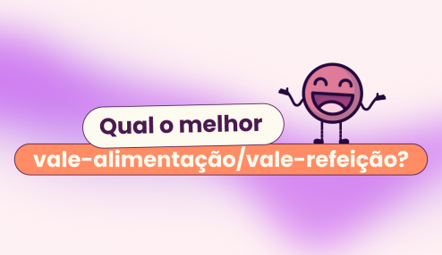 A imagem cujo título é "qual o melhor cartão vale-alimentação/vale-refeição" tem o fundo em rosa claro com uma faixa roxa passando horizontalmente pelo meio. O mascote da Eva Benefícios, Ivo, está em cima do título.