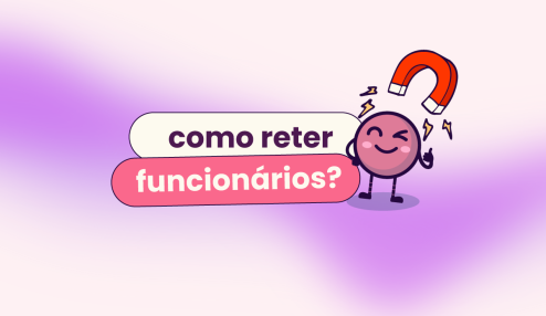 Fundo rosa e roxo. Título: "como reter funcionários?" com o mascote Ivo da Eva com um imã em cima da cabeça.