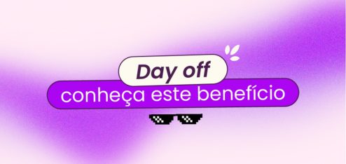 Fundo lilás com mancha roxa cortando o meio da imagem. No título está escrito 'day off: conheça este benefício' e há um óculos escuro em 8 bit em baixo.