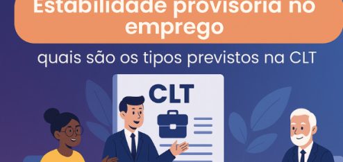 imagem apresenta o título “Estabilidade provisória no emprego” em letras brancas sobre um fundo laranja, seguido da frase “quais são os tipos previstos na CLT” em branco sobre fundo azul.