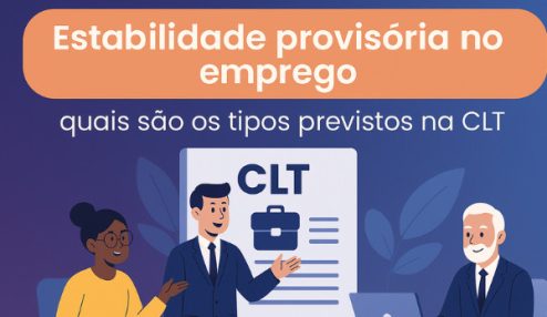imagem apresenta o título “Estabilidade provisória no emprego” em letras brancas sobre um fundo laranja, seguido da frase “quais são os tipos previstos na CLT” em branco sobre fundo azul.