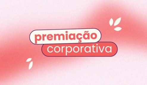 Fundo rosa claro com uma mensagem rosa-choque que atravessa o meio. No título, "premiação corporativa".