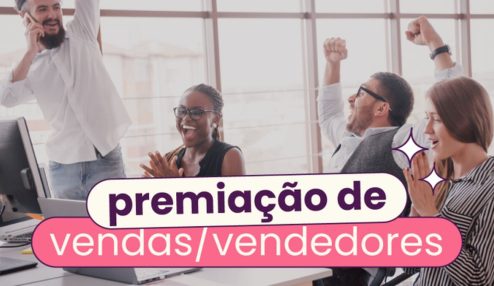 Pessoas com mãos levantadas e, no título, "premiação de vendas" ou "premiação de vendedores".