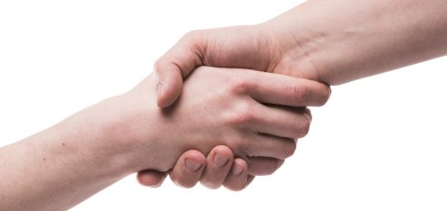 A imagem mostra duas pessoas se cumprimentando com um aperto de mão. A mão esquerda, em primeiro plano, está sendo segurada pela mão direita, que está em segundo plano.